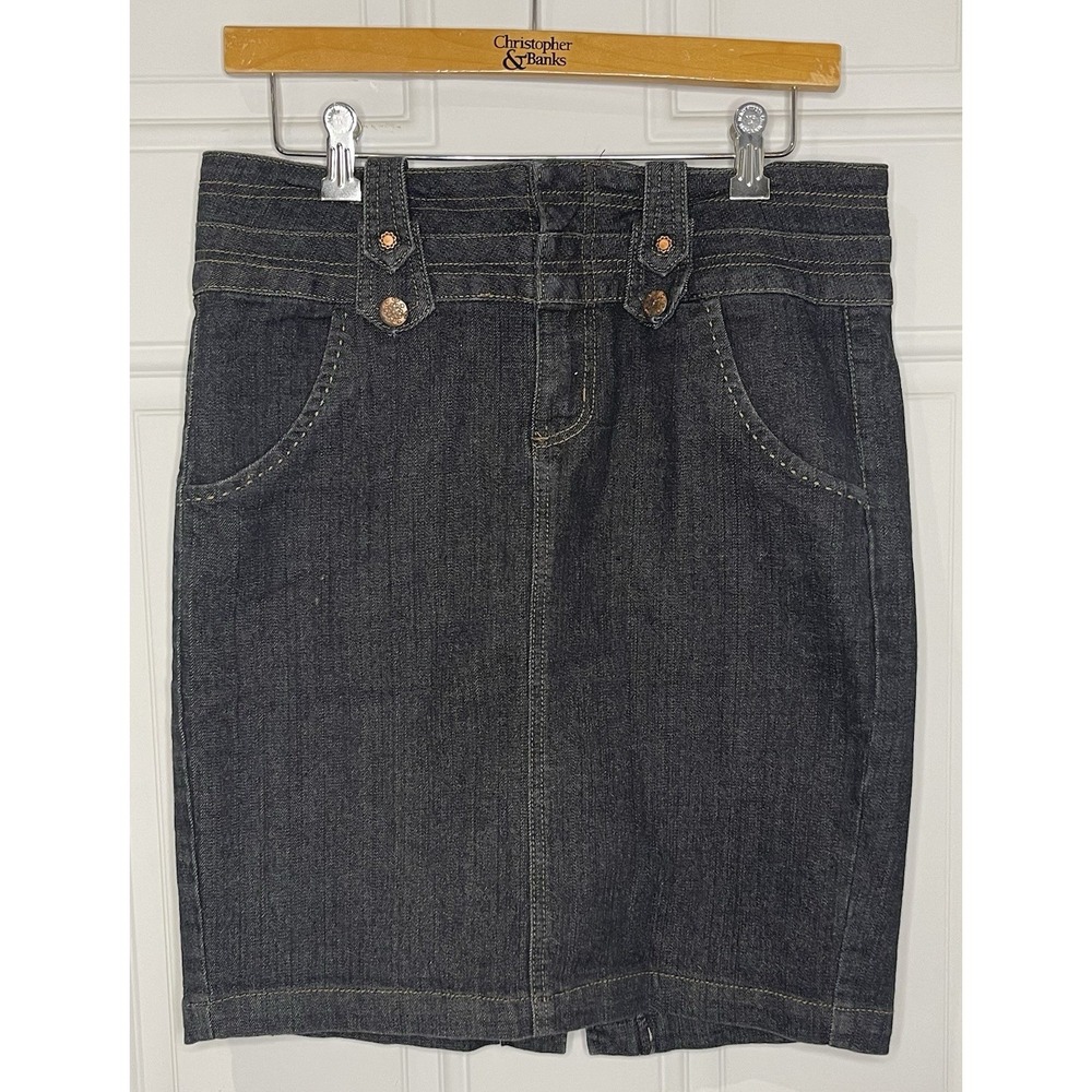 One Song Women's Medium Stretch Denim Skirt High Waist Dark Wash Fitted Brass